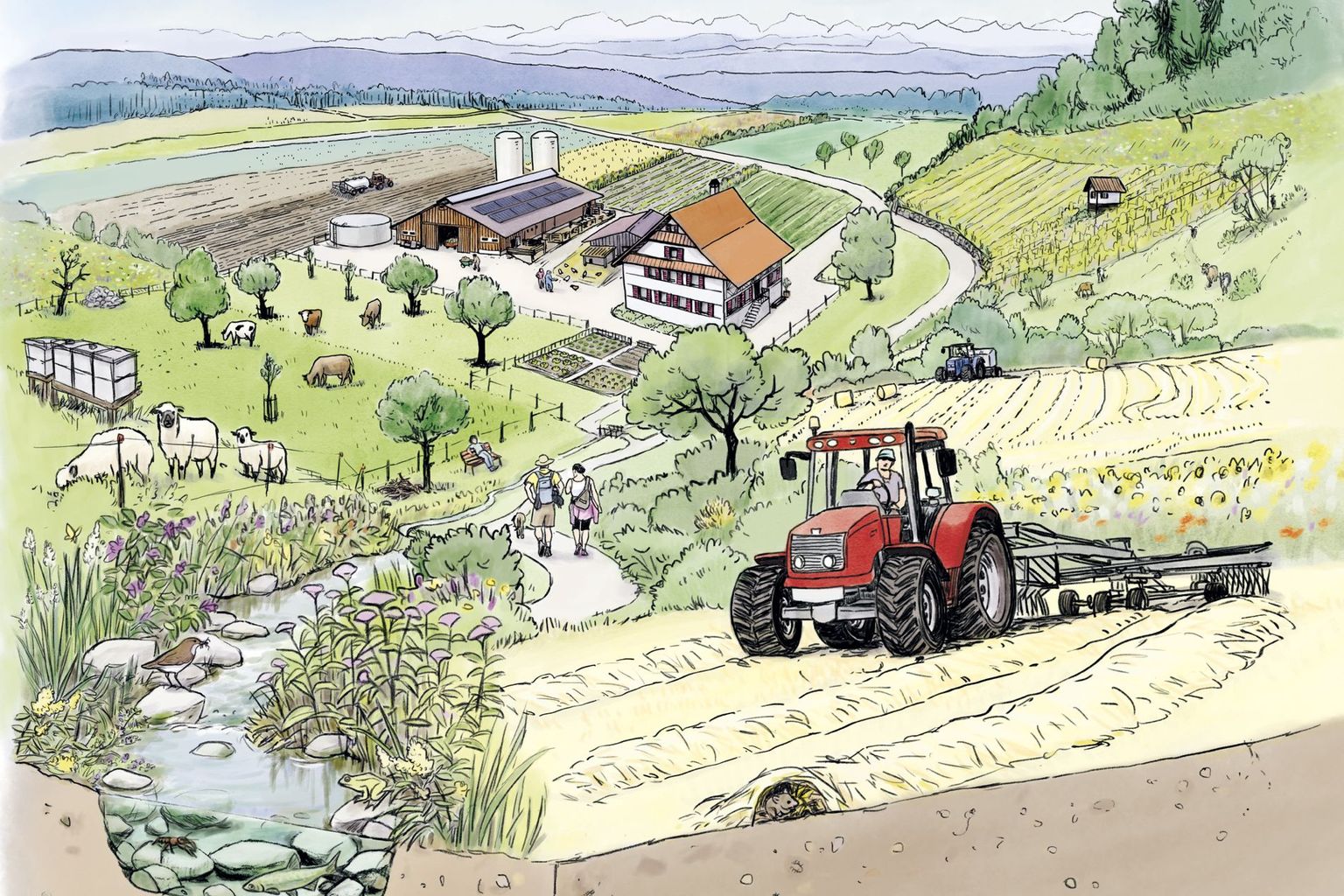 Bauernhof, von Feldern umgeben, Berge im Hintergrund. Im Vordergrund ein Traktor.