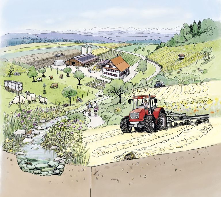 Bauernhof, von Feldern umgeben, Berge im Hintergrund. Im Vordergrund ein Traktor.