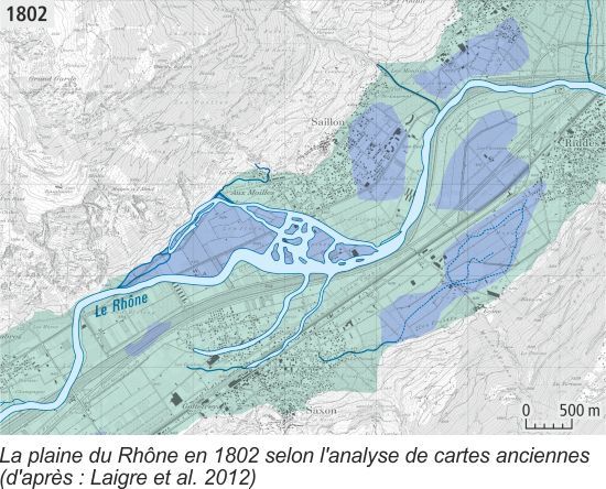 La plaine du Rhône en 1802 (d'après Laigre et al. 2012)