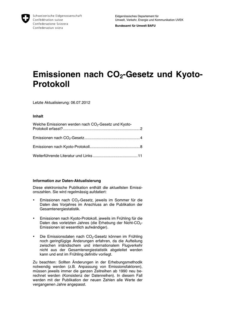 Bericht: Emissionen nach CO2-Gesetz und Kyoto-Protokoll (Stand Juni 2011)