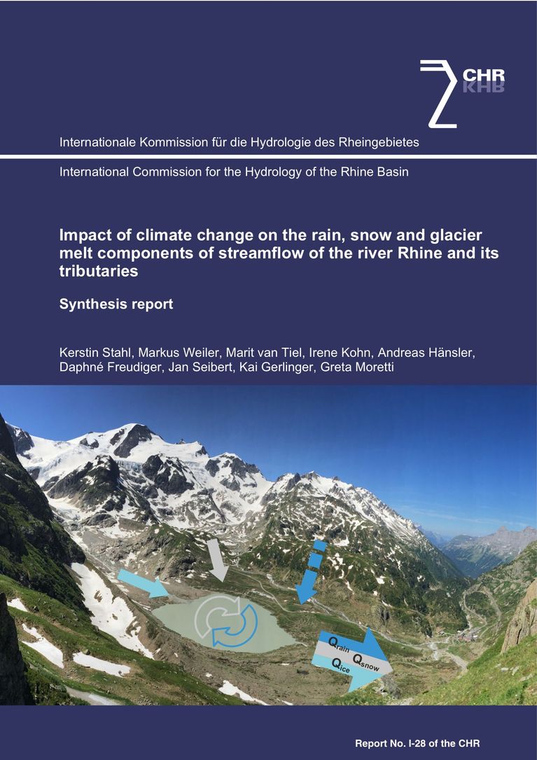 Stahl, K., Weiler, M., van Tiel, M., Kohn, I., Hänsler, A., Freudiger, D., Seibert, J., Gerlinger, K., Moretti, G. (2022): Impact of climate change on the rain, snow and glacier melt components of streamflow of the river Rhine and its tributaries. CHR report no. I 28. International Commission for the Hydrology of the Rhine basin (CHR), Lelystad.