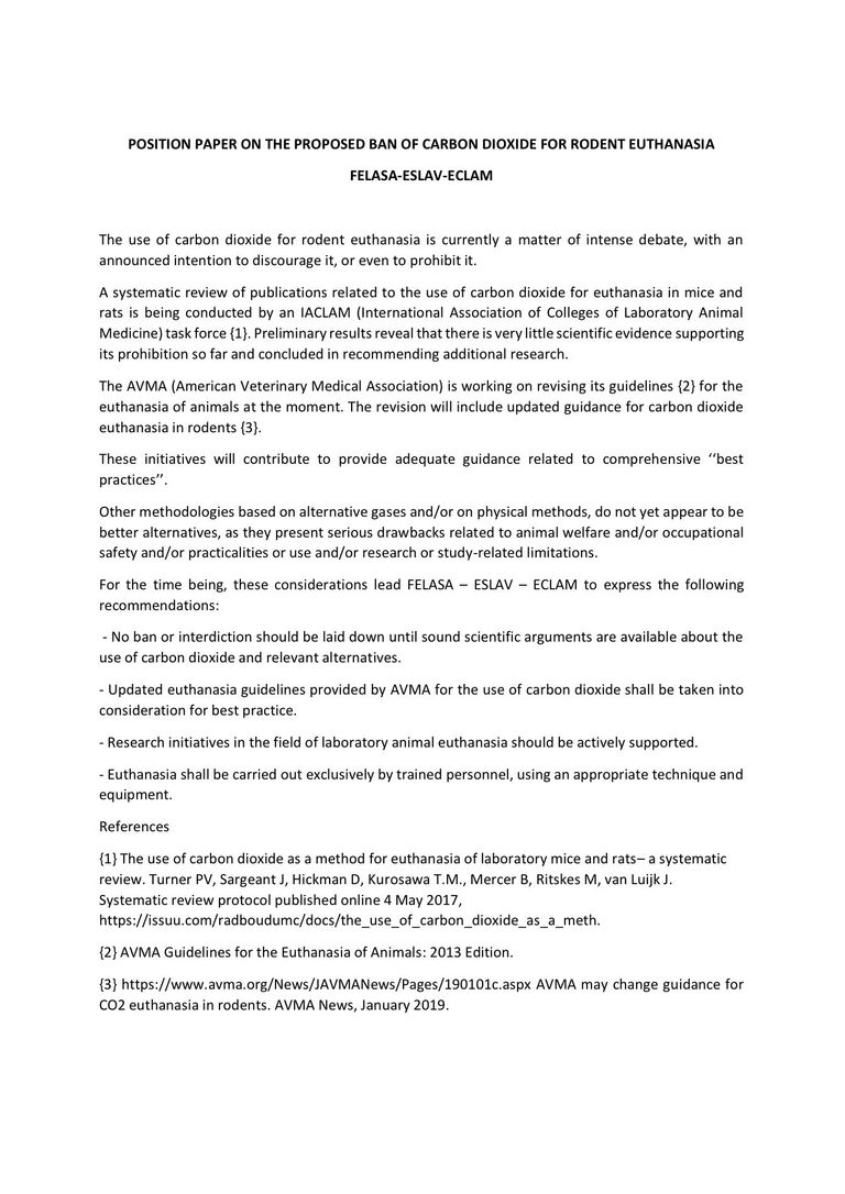 Position Statement of FELASA-ESLAV-ECLAM on ban of CO2