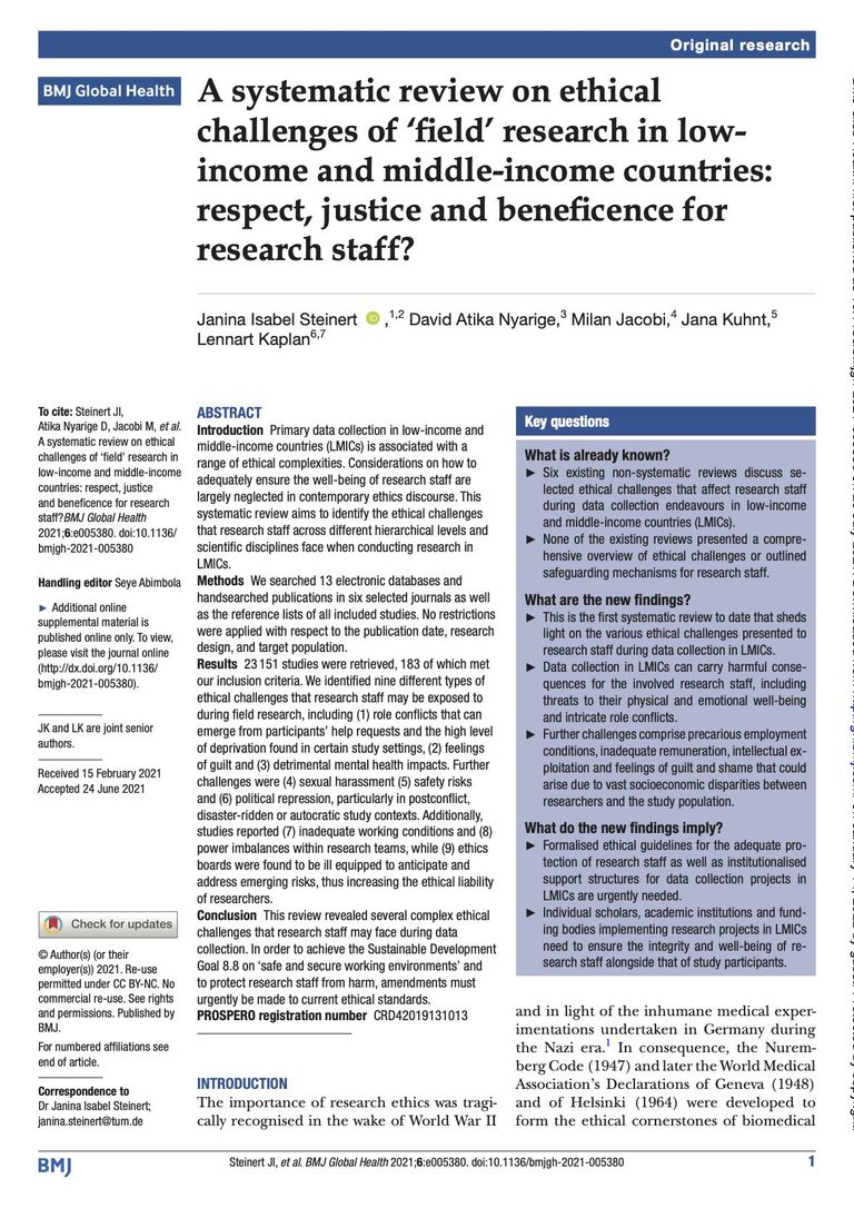 A systematic review on ethical challenges of ‘field’ research in low-income and middle-income countries: respect, justice and beneficence for research staff?