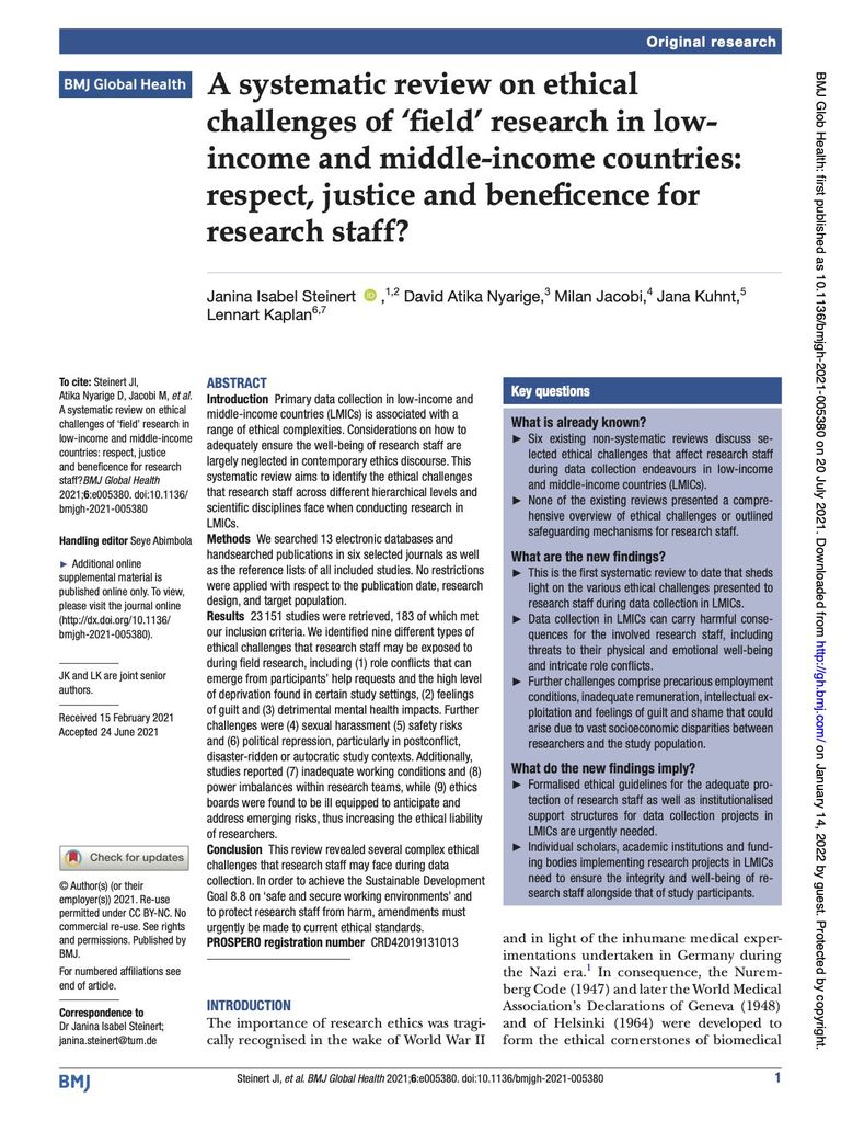 A systematic review on ethical challenges of ‘field’ research in low-income and middle-income countries: respect, justice and beneficence for research staff?