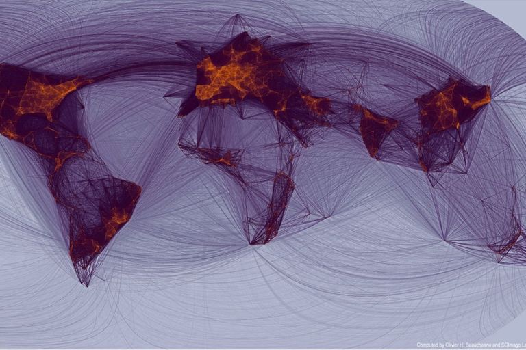 This map shows the collaboration networks between researchers in different cities (scientific papers 2008-2012)