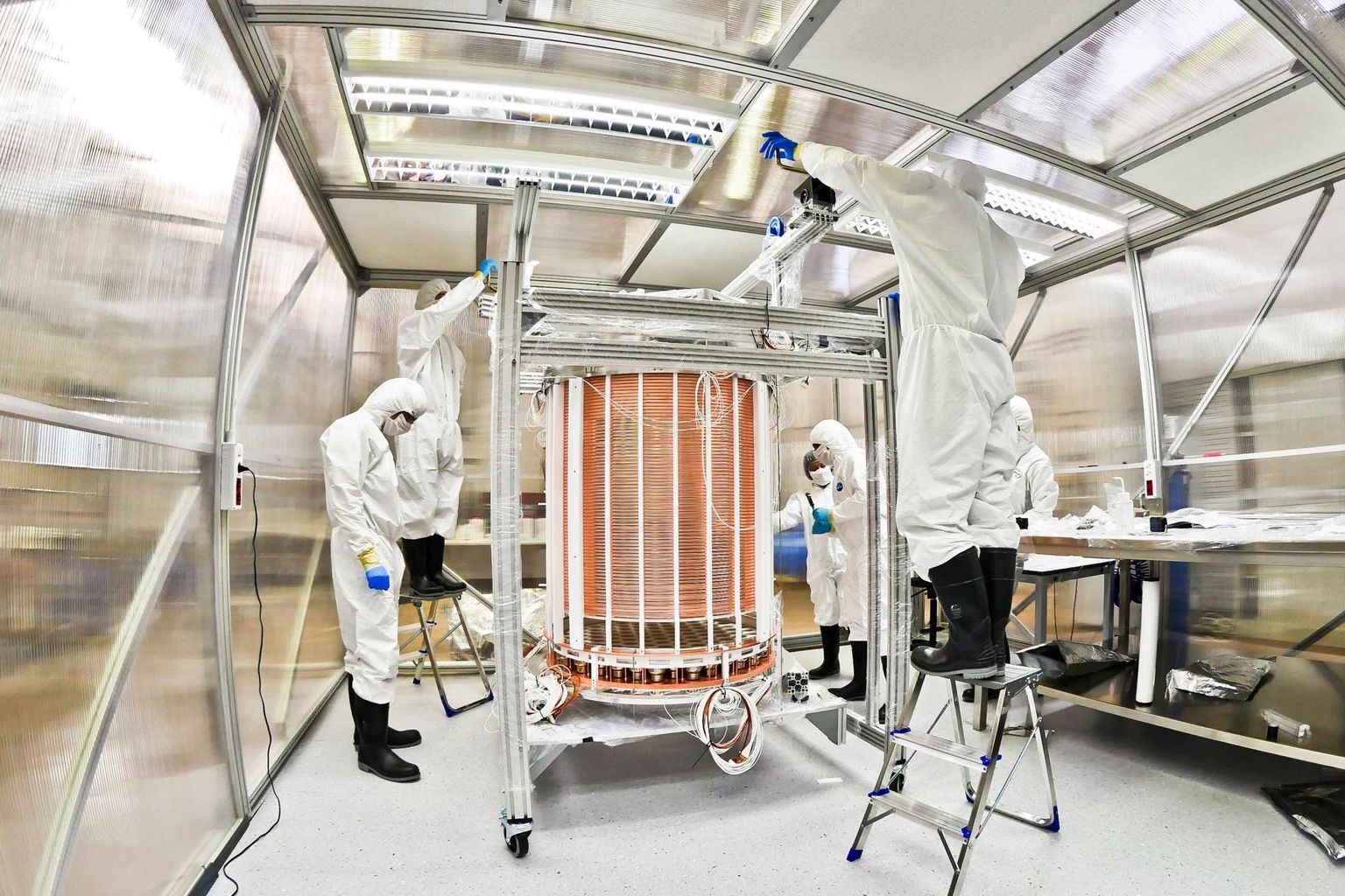 The heart of the project: The XENON1T Time Projection Chamber (TPC) after assembly in a clean room.