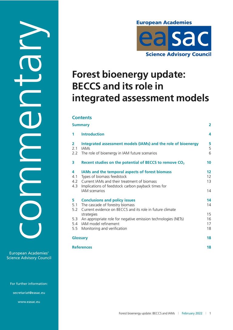 EASAC Commentary "Forest bioenergy update: BECCS and its role in integrated assessment models"