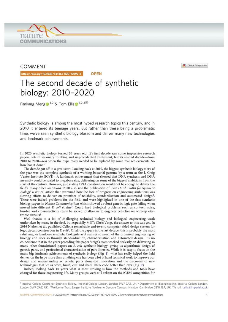 The second decade of synthetic biology: 2010–2020