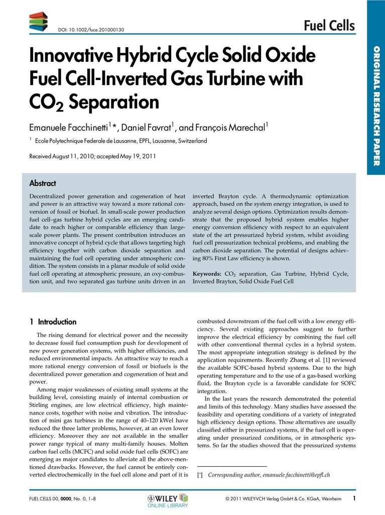 Artikel: Innovative Hybrid Cycle Solid Oxide Fuel Cell-Inverted Gas Turbine with CO2 Separation
