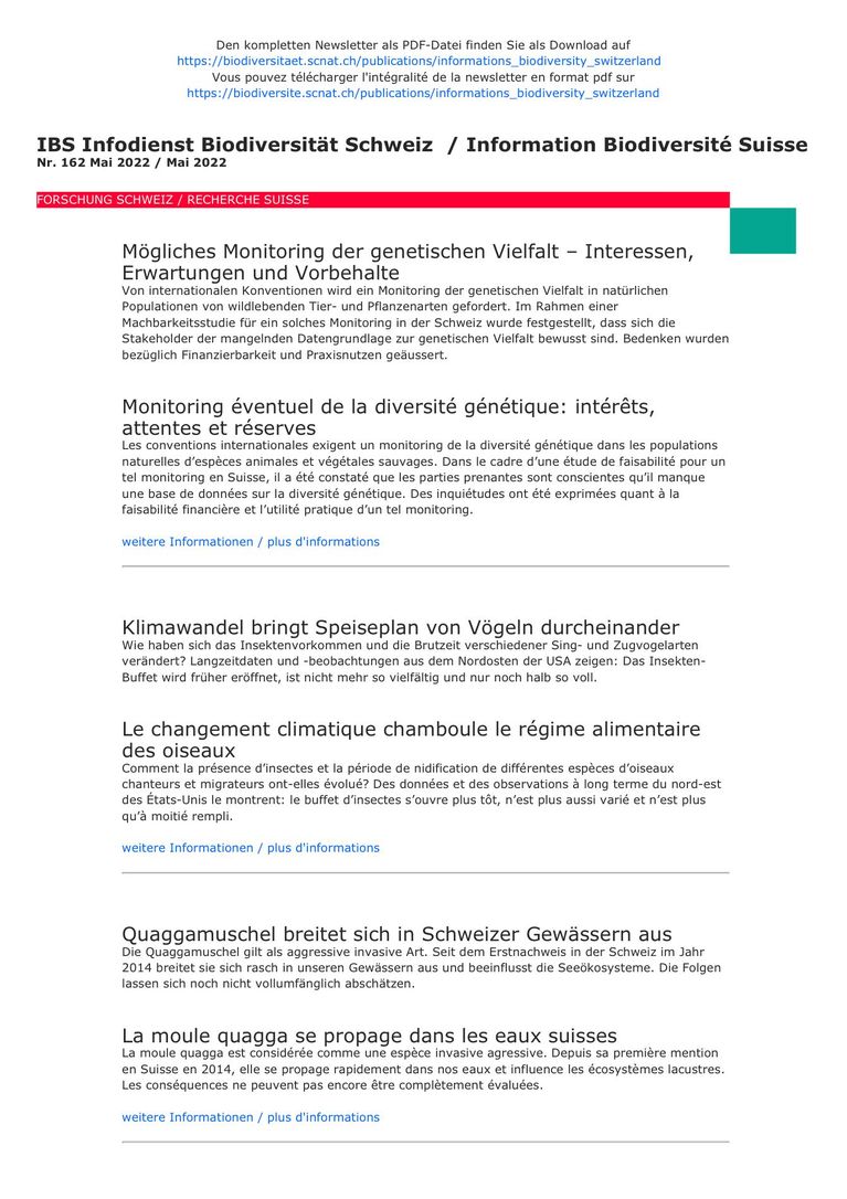 Informationsdienst Biodiversität Schweiz IBS Nr. 162