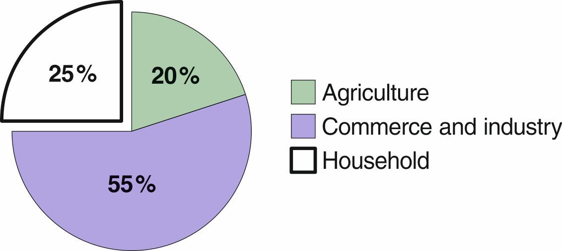 Water consumption in Switzerland (including private wells): Percentages according to the field of use (Data: Freiburghaus 2009).
