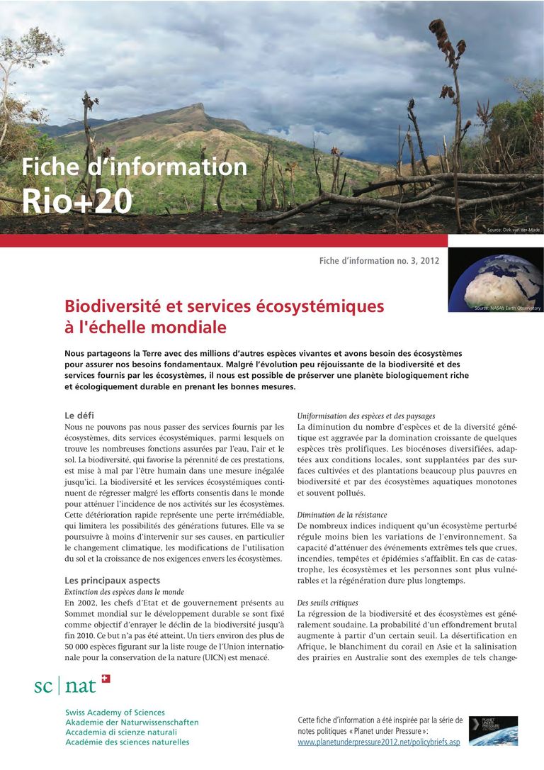 Biodiversité et services écosystémiques à l'échelle mondiale et en Suisse (2012)