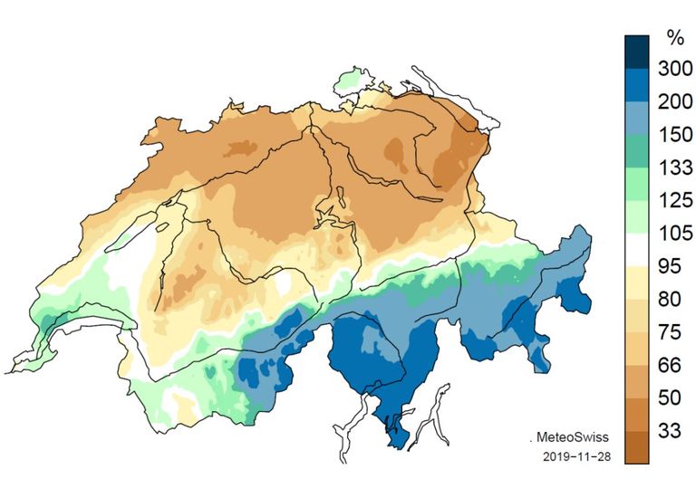 Niederschlagssummen November 2019 in Prozent zur Norm 1981−2010 (Stand 28.11.2019)