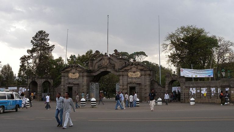 Addis Ababa, Ethiopia. Entrance to the university main campus and the Ethnological Museum.
