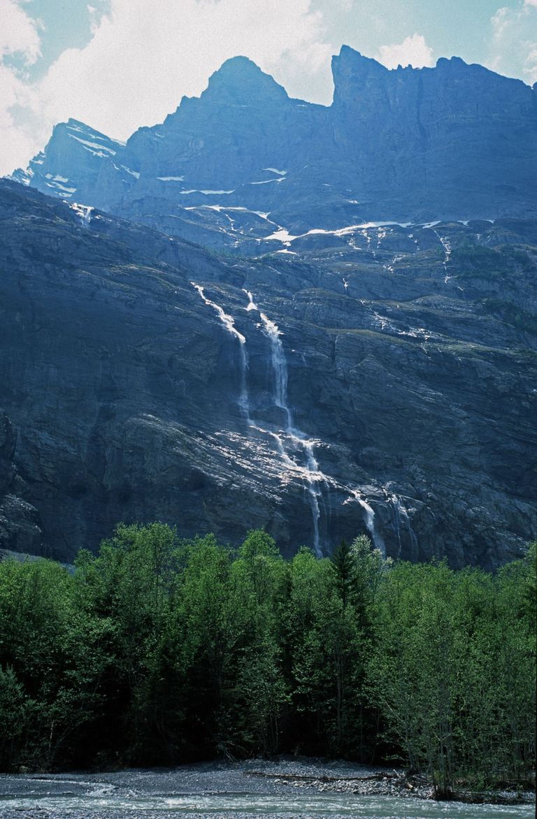 waterfall mountains riverside area