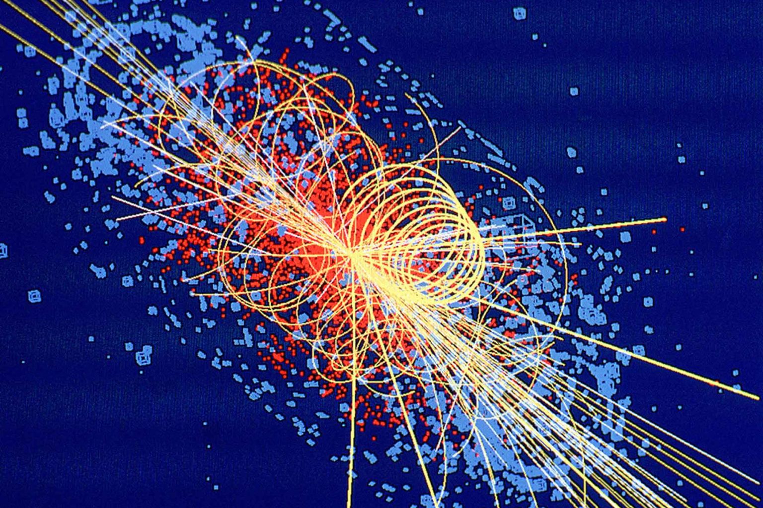 Higgs boson: Protons collide at 14 TeV in this simulation from CMS, producing four muons. Lines denote other particles, and energy deposited is shown in blue