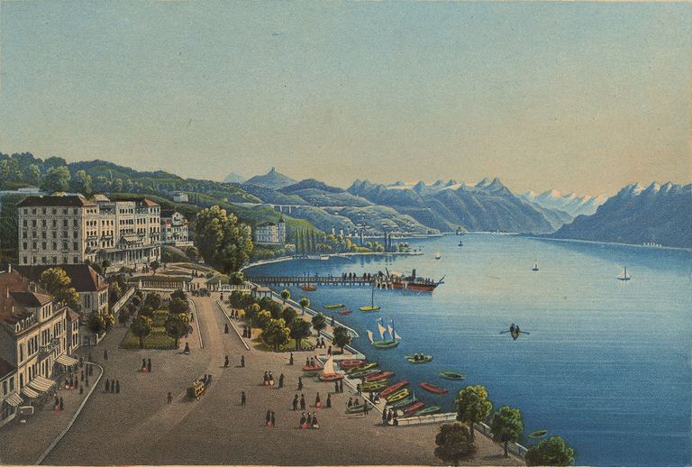 Buch «Die Naturforschenden»: Lausanne in den 1860er-Jahren: die Seepromenade mit dem Hotel Beau Rivage. Gemälde von Rudolf Dickmann.