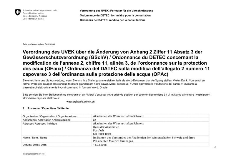 Prise de position des Académies suisses des sciences sur la révision de l’ordonnance sur la protection des eaux (OEaux), l’annexe 2, chiffre 11, alinéa 3