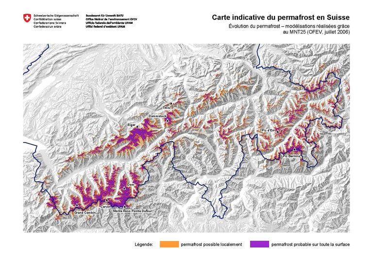 Carte indicative du permafrost en Suisse