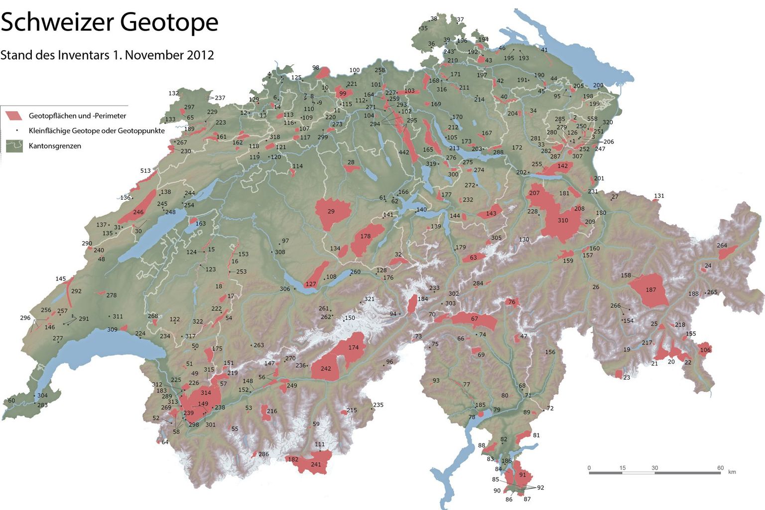 Das Inventar der Schweizer Geotope stammt von 1999 und wurde 2012 revidiert. (Karte aus Reynard et al. 201217)