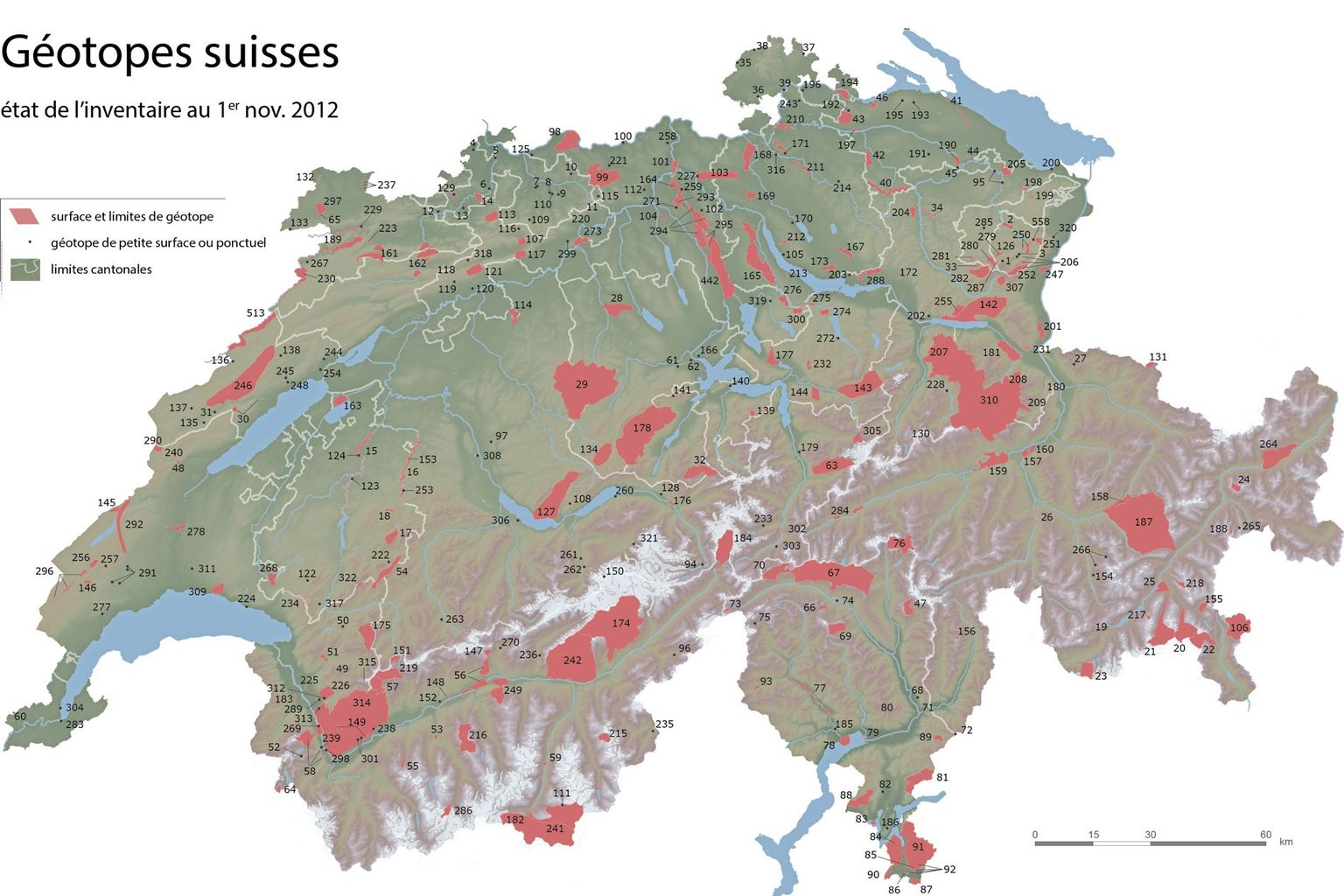 Depuis la révision de 2012, l’inventaire des géotopes suisses répertorie 322 objets d’importance nationale. (Carte de Reynard et al. 201217)