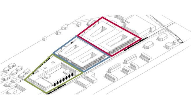 Les bâtiments du développement du NefTechPark (encadrés en vert) et l'extension proposée du Digicity Ouest et Est (en bleu et rouge). (ProClim Flash 73)