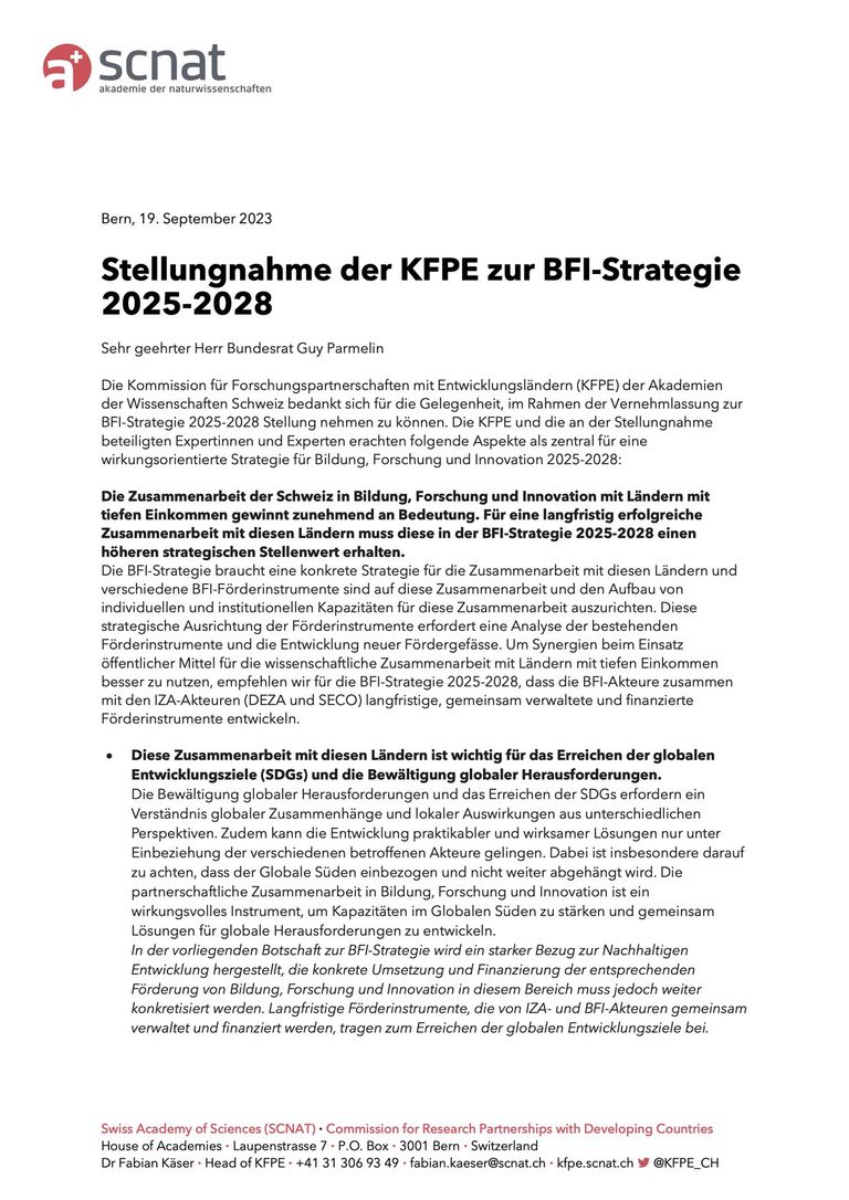 Stellungnahme KFPE zur BFI Strategie 2025-2028