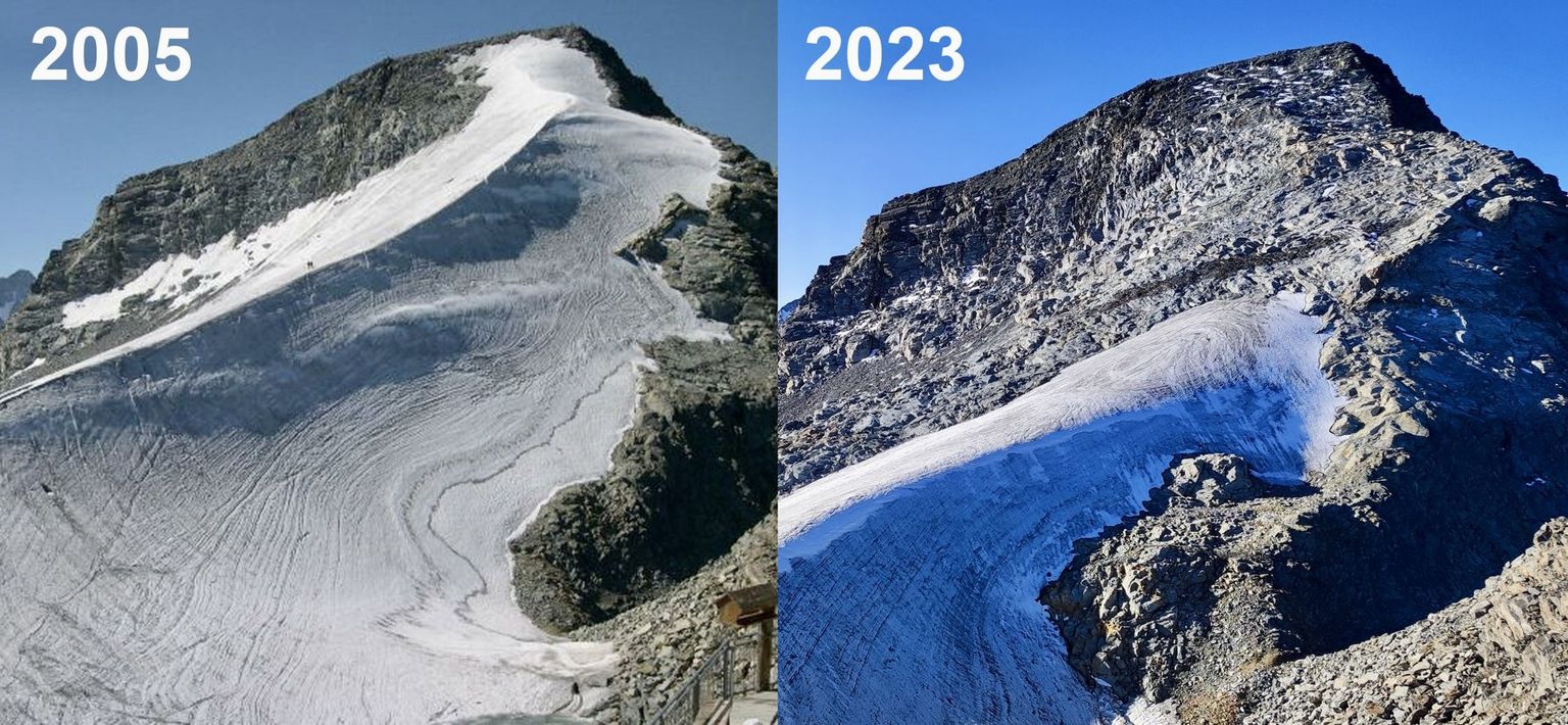 The disappearance of the iconic ice ridge at the Piz Murtèl in Grisons, as viewed from the Piz Corvatsch cable car station, clearly illustrates how the high mountain vista has been transformed.