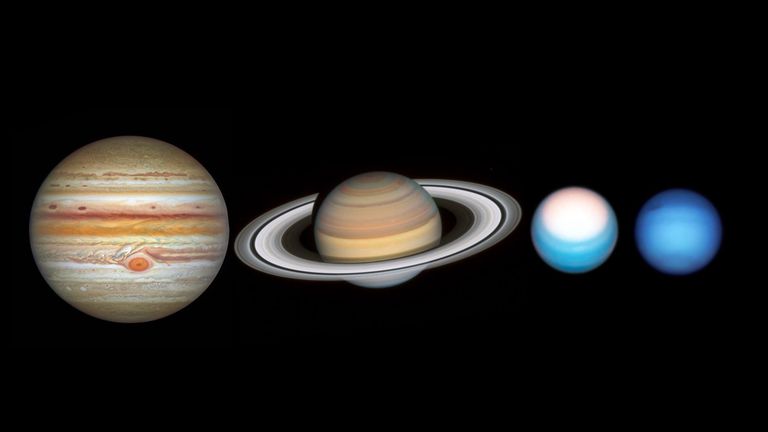Aufnahmen des Weltraumteleskops Hubble aus dem Jahr 2021 (von links nach rechts): Jupiter, Saturn, Uranus und Neptun. Die Planeten sind nicht massstabsgetreu abgebildet.