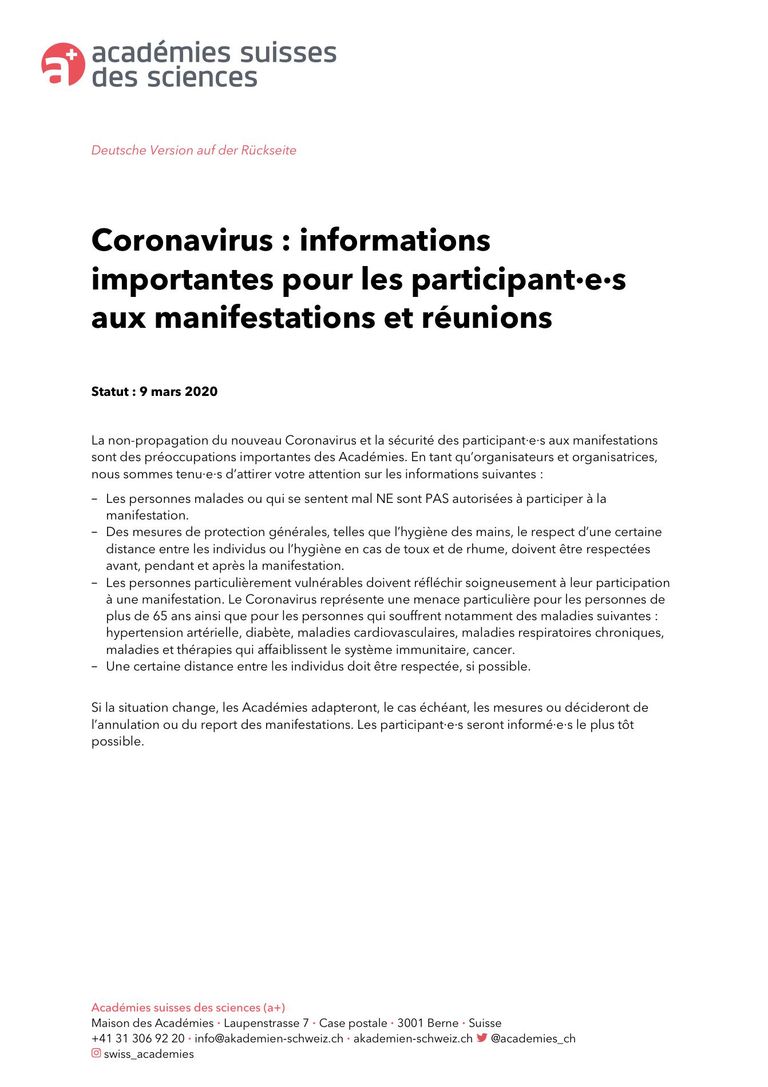 Coronavirus : informations importantes pour les participant·e·s aux manifestations et réunions