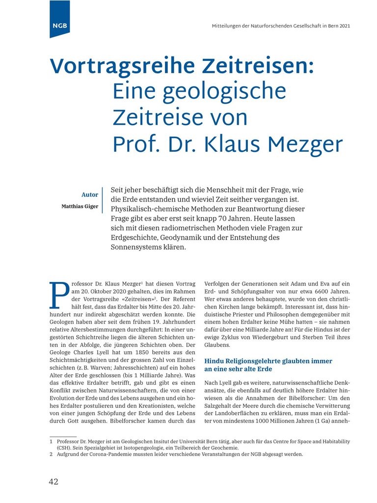 Vortragsreihe Zeitreisen: Eine geologische Zeitreise von Prof. Dr. Klaus Mezger