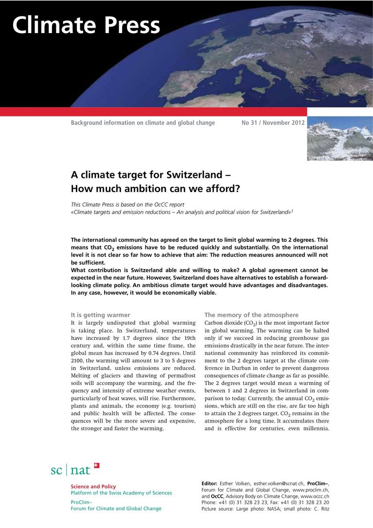 Download Climate Press: A climate target for Switzerland - How much ambition can we afford?