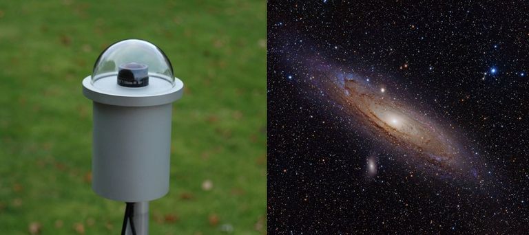 Maturaarbeiten von Andri und Elina. Bildteil links – AllSky-Kamera für die nächtliche Himmelsüberwachung auf Meteoriten, Bildteil rechts - Andromeda Galaxie M31 mit ihren Begleitgalaxien M32 in der Mitte links und M110 unten rechts.