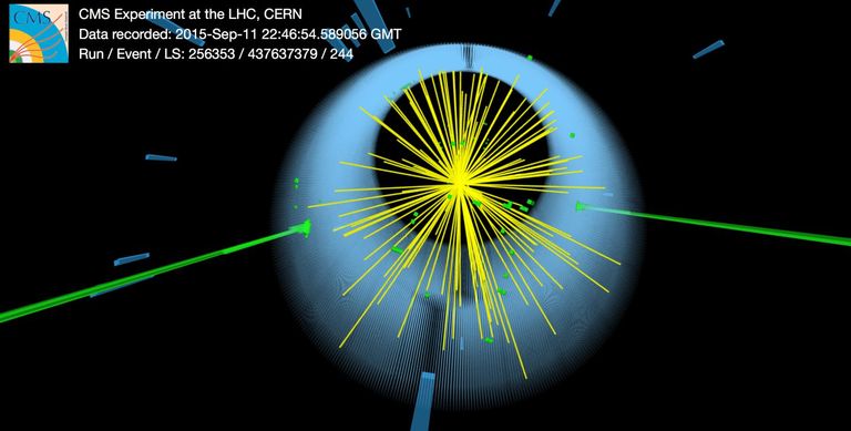 This illustration shows a proton-proton collision recorded by the CMS detector of the LHC at CERN in September, 2015. Among the collision events, two photons with an energy of a total of 700 to 800 GeV (illustrated by the two green lines) emerged.