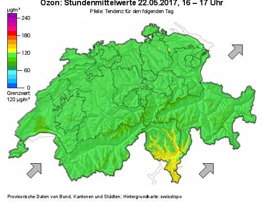 Überschreitung des Ozon-Grenzwertes im Tessin (22.05.2017).