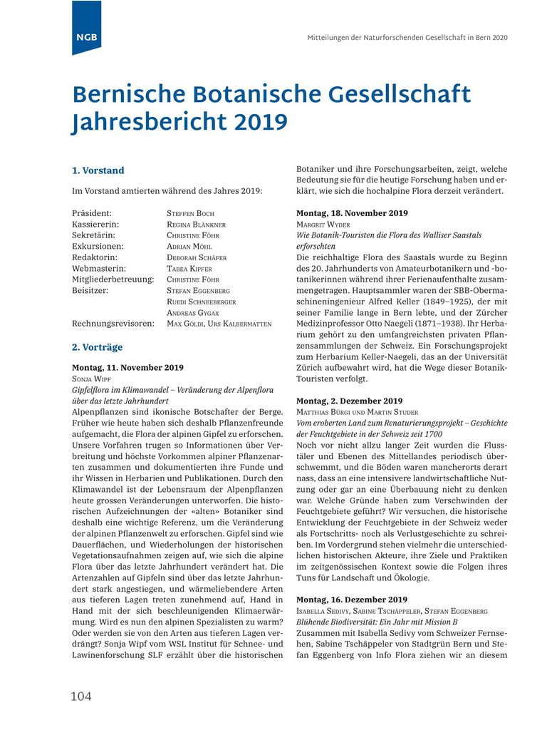Bernische Botanische Gesellschaft Jahresbericht 2019