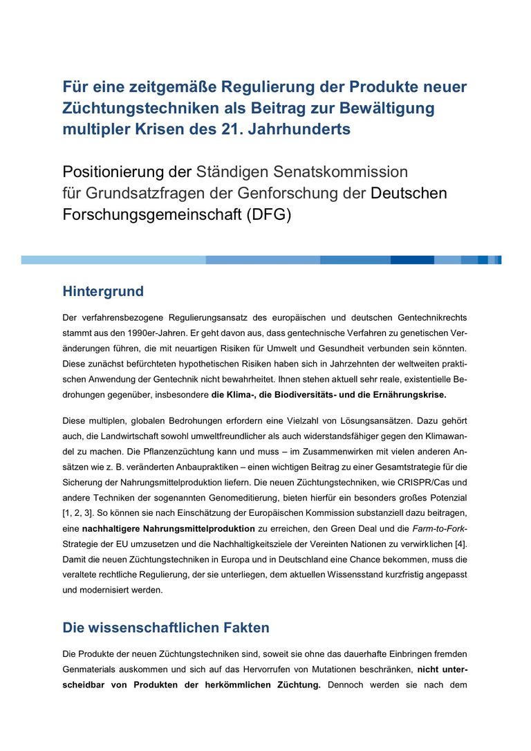 Positionspapier DFG (2023) Für eine zeitgemäße Regulierung der Produkte neuer Züchtungstechniken