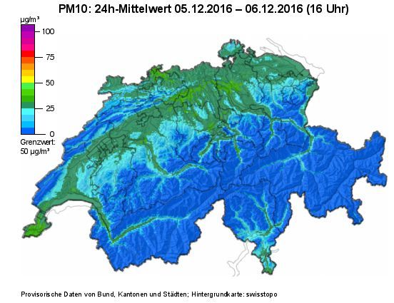 Die Karte zeigt die aktuelle Feinstaubbelastung in der Schweiz. Sie wird durch ein statistisches Interpolationsverfahren stündlich aus den von den Messstationen erhobenen Daten berechnet.