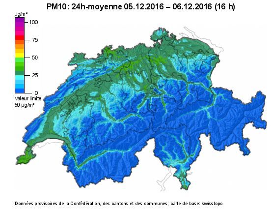 La carte présente la charge actuelle en poussières fines de la Suisse. Elle est calculée chaque heure au moyen d'un procédé d'interpolation statistique qui tient compte des données relevées par les stations de mesures.