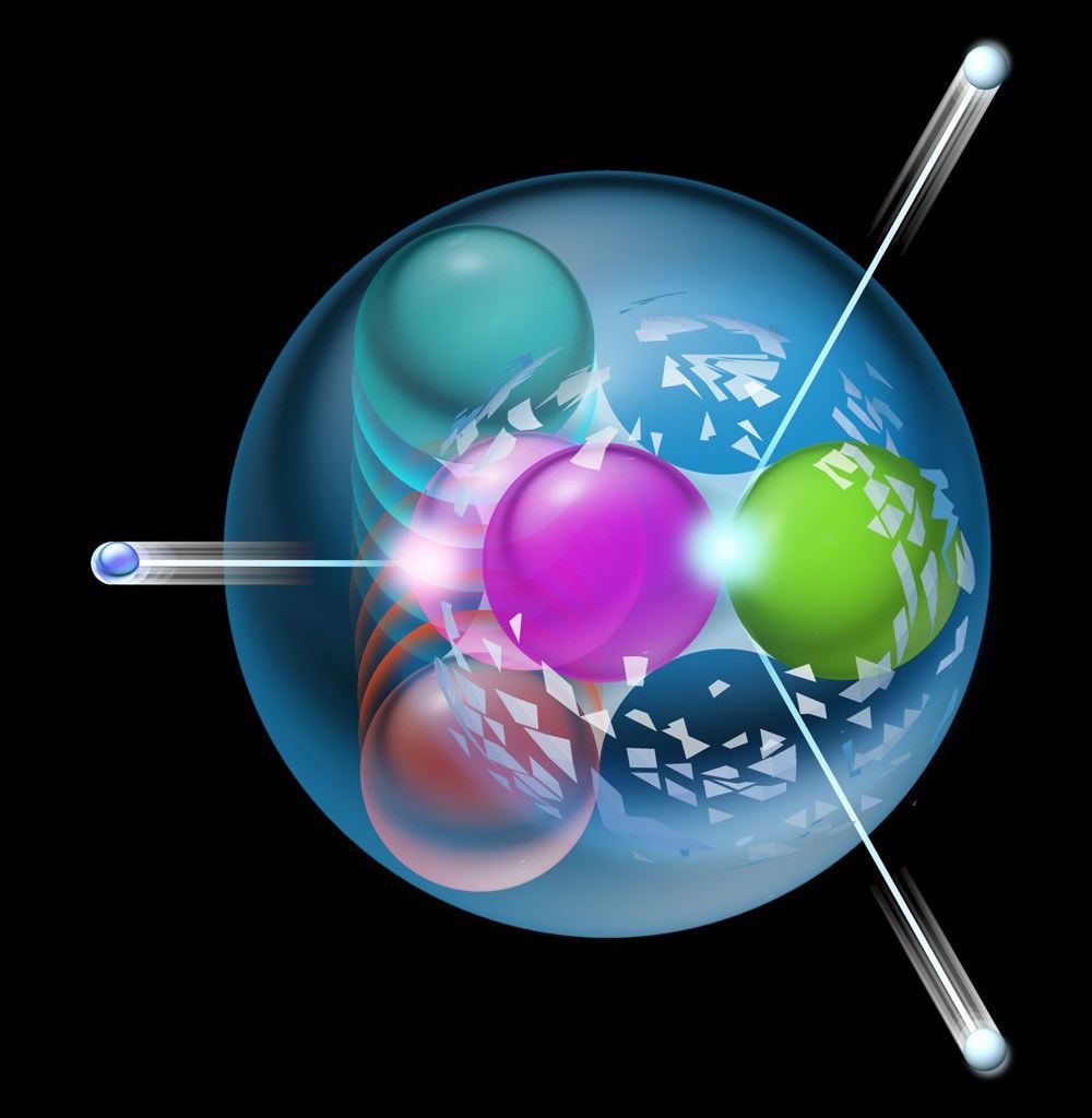 Artistic representation of a proton decay. Illustration: Hyper-Kamiokande Collaboration