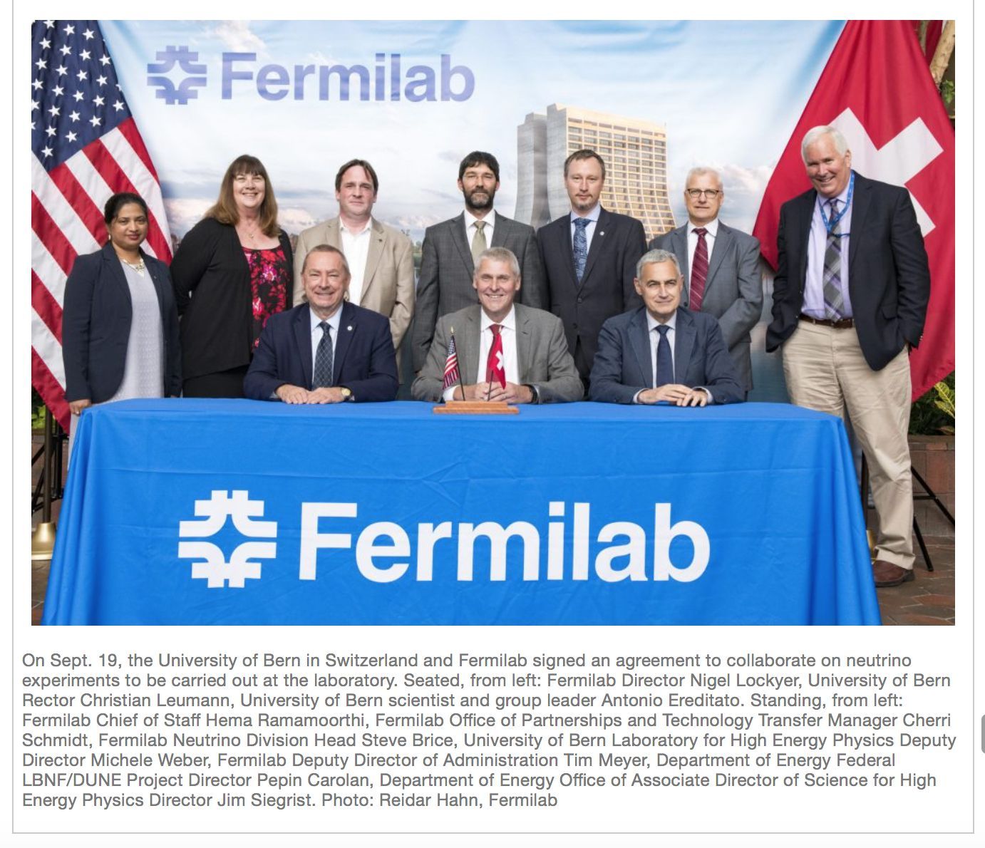 Fermilab and University of Bern join forces for neutrino physics