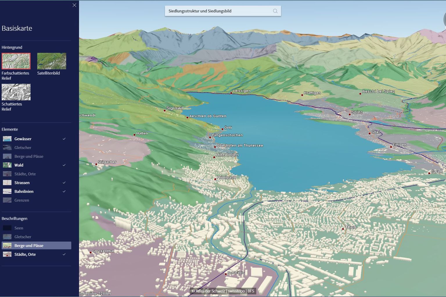 Atlas de la Suisse 2016: structure de la zone bâtie dans les environs de Thoune (BE).