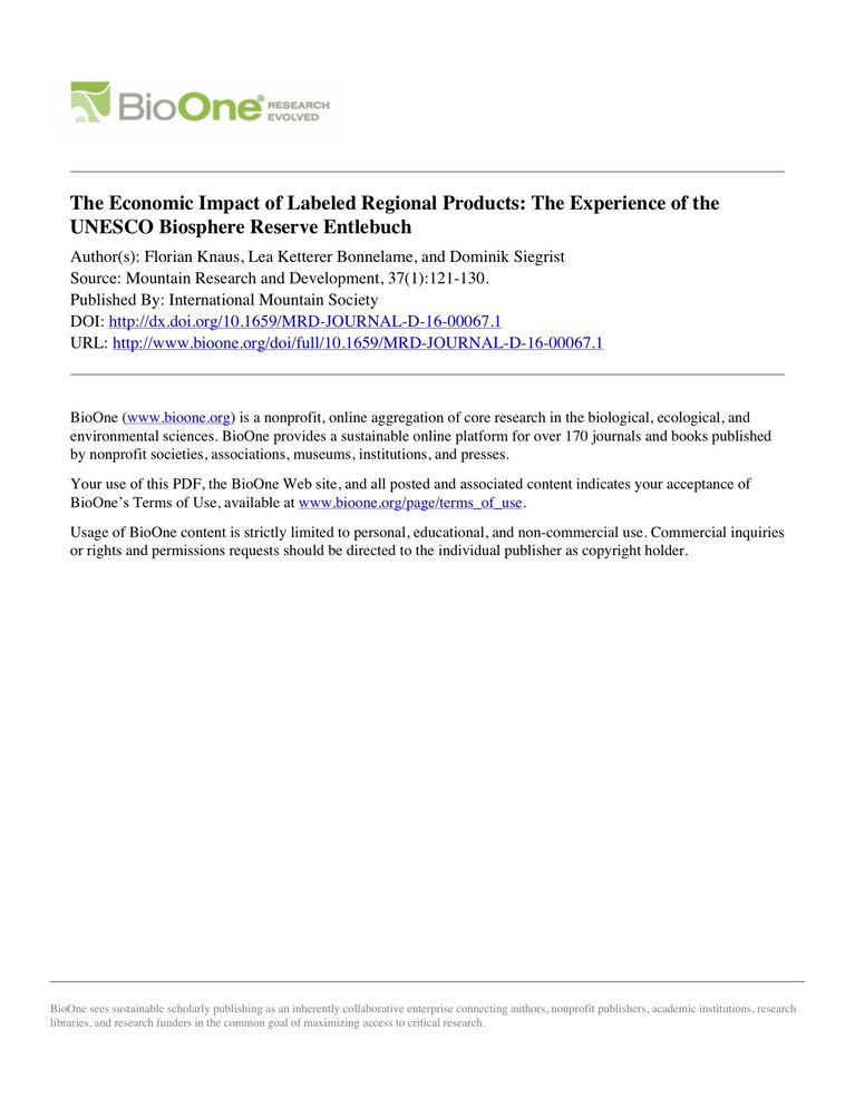The Economic Impact of Labeled Regional Products: The Experience of the UNESCO Biosphere Reserve Entlebuch