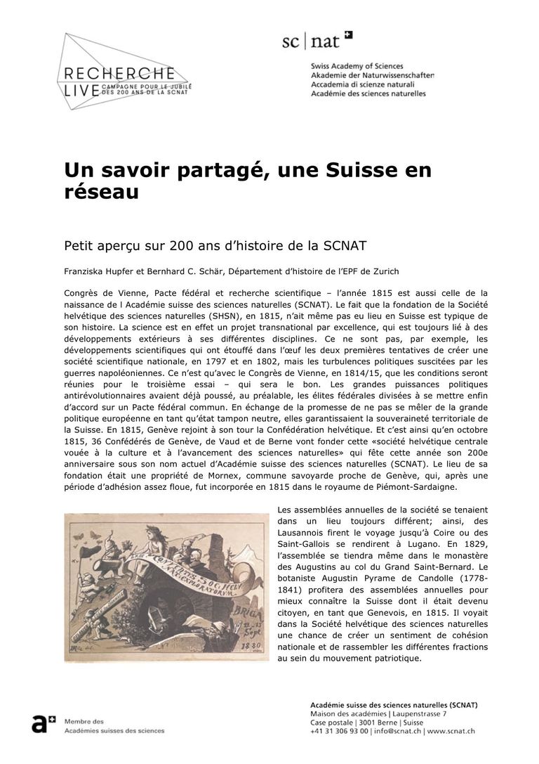 Un savoir partagé, une Suisse en réseau : Petit aperçu sur 200 ans d’histoire de la SCNAT