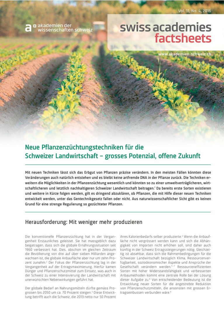 Factsheet «Neue Pflanzenzüchtungstechniken für die Schweizer Landwirtschaft – grosses Potenzial, offene Zukunft