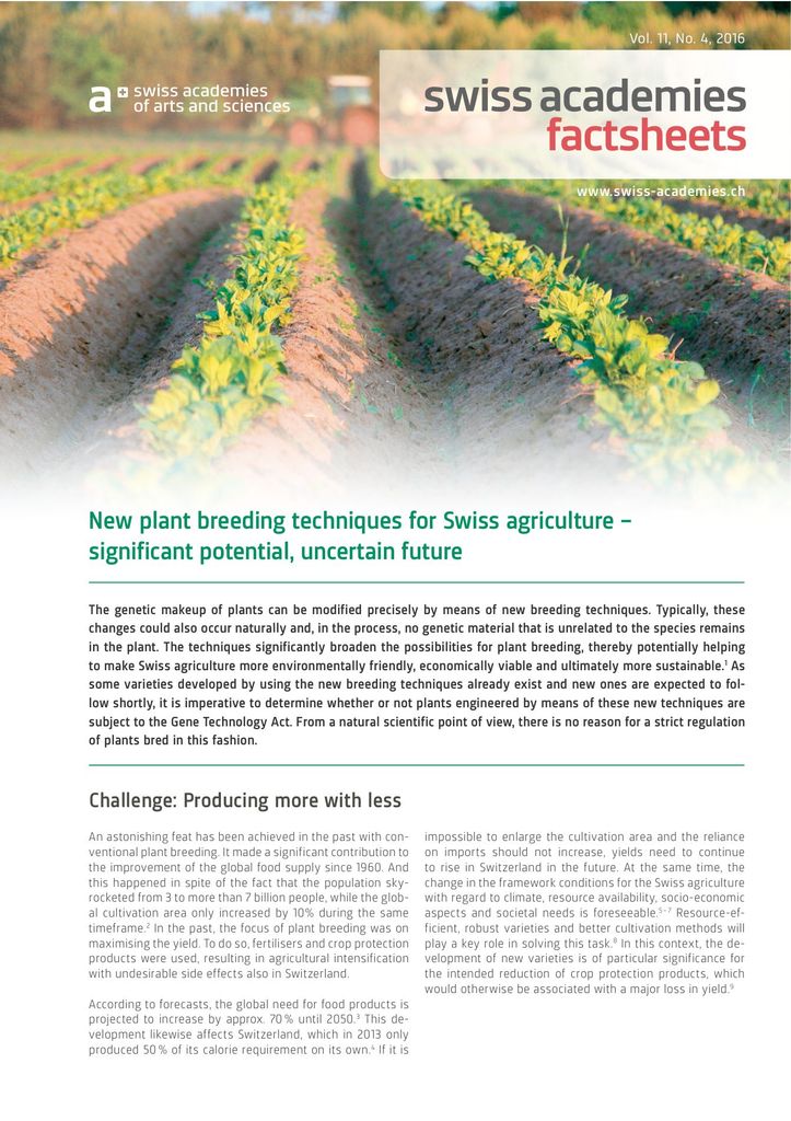 Factsheet «New plant breeding techniques for Swiss agriculture – significant potential, uncertain future»