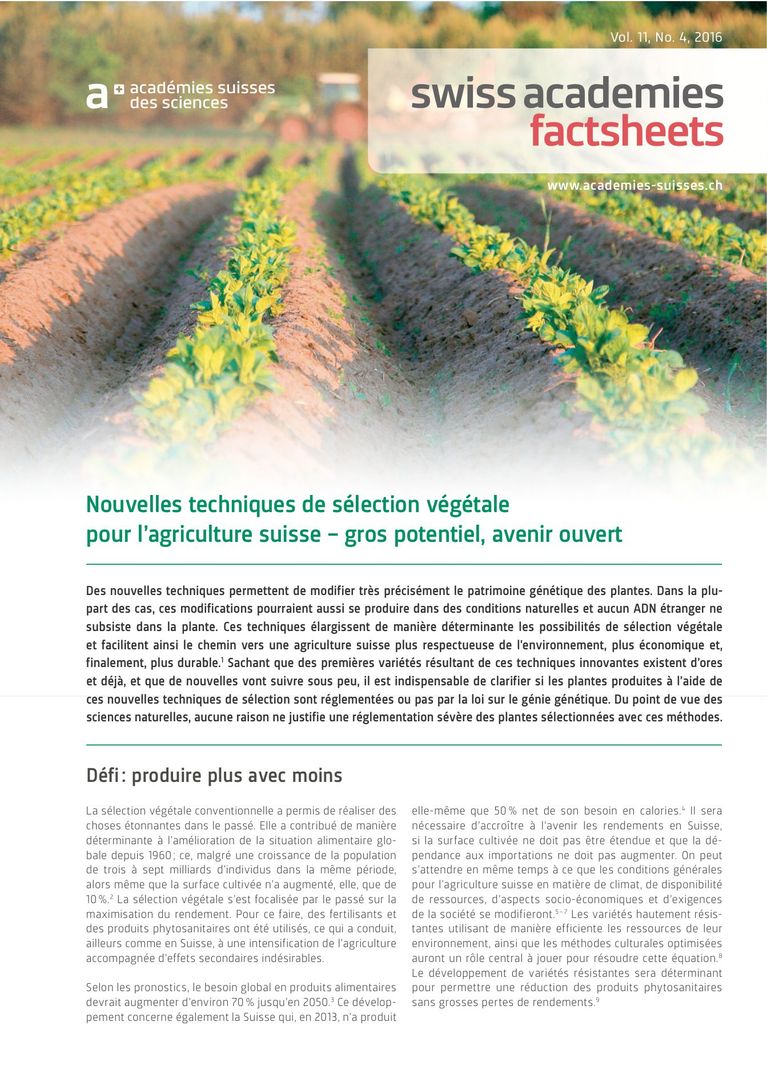 Factsheet «Nouvelles techniques de sélection végétale pour l’agriculture suisse – gros potentiel, avenir ouvert