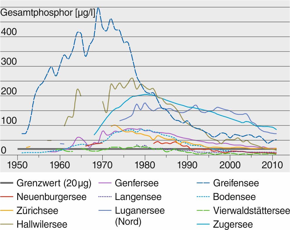 Zeitreihe des Phosphor-Gehalts ausgewählter Schweizer Seen. Unterhalb von 20 Mikrogramm Phosphor pro Liter Wasser sind die gesetzlichen Vorgaben erfüllt.