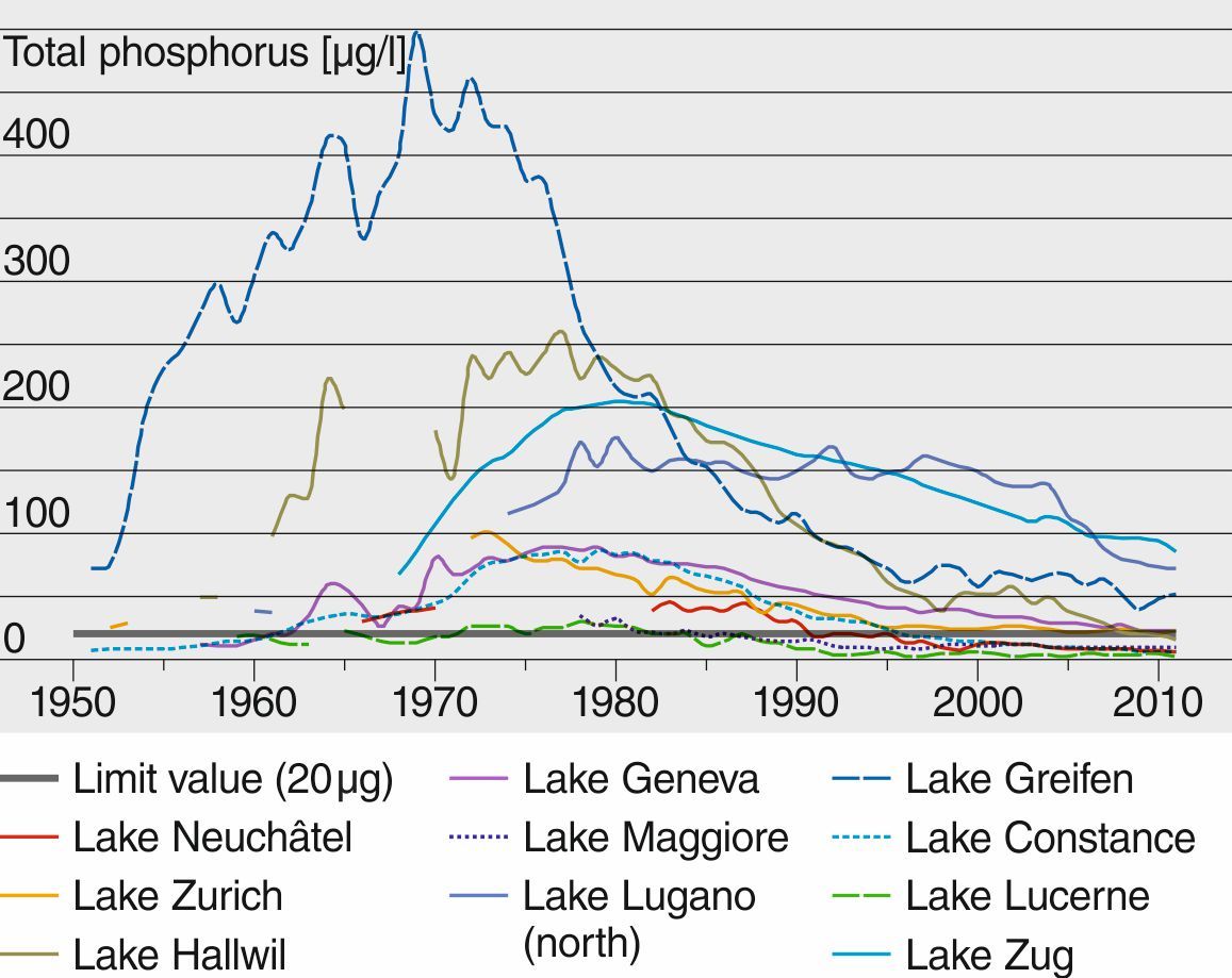 Time series of the phosphorus content of selected Swiss lakes. To meet legal requirements, phosphorus should be below 20 micrograms per liter of water.