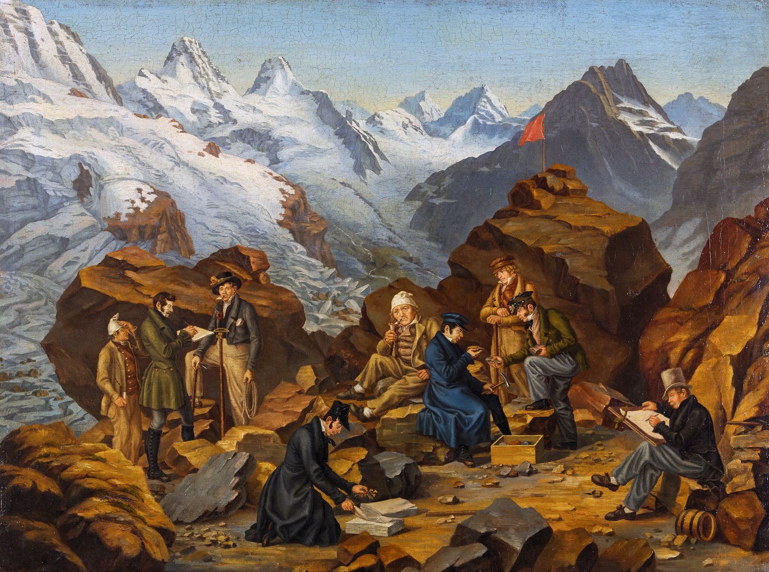Franz Josef Hugi, Gründer der Naturforschenden Gesellschaft des Kantons Solothurn, erlangte als Pionier bei der Erforschung alpiner Gletscherregionen Berühmtheit. Auf dem Bild Hugi (vierter von rechts) und seine Begleiter im Rottal BE. Gemälde von Martin Disteli, 1830